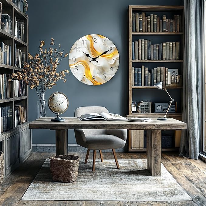 White Gold Wall Clock for Office Decor Battery Operated 12 Inch Round Wall-Clocks Non-Ticking Decor for Bedroom,Living Room