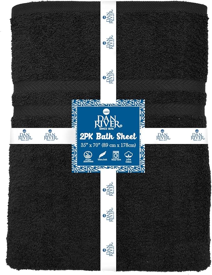 DAN RIVER 2 Pack Luxury Bath Sheets 35x70, 600 GSM, Soft & Quick Dry 100% Ring Spun Cotton Towels Ideal for Hotels, Spas, Gyms & Salons Extra Large, Black