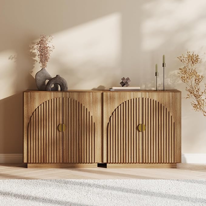 BELLEZE Modular Fluted Sideboard Buffet Cabinet with Storage, Mid-Century Modern Console Table with Symmetrical Arched Doors, Elegant Credenza for Dining Room, Kitchen, and Living Room, Caramel Brown