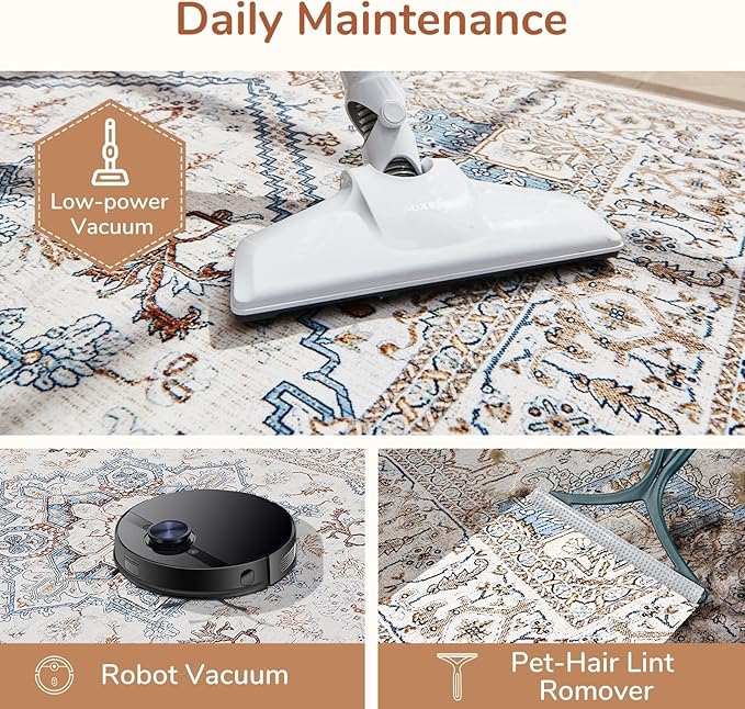 OPPODREAM Thin Round Rug 4ft, Neutral Washable Circle Rug 4ft with Non Slip Backing Play Room, Low-Pile Carpet 4 ft, Small Faux Cashmere Throw Carpet, Cream White & Blue & Light Brown