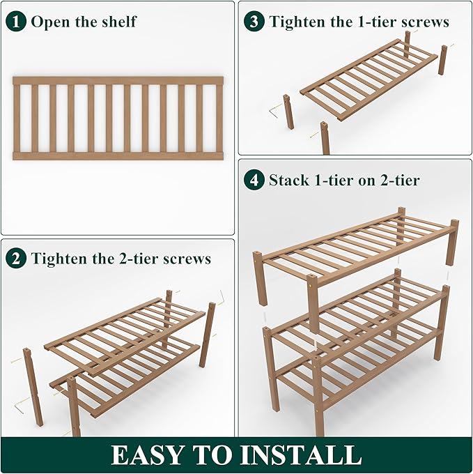Smiry Shoe Rack, 3 Tier Thick Bamboo Shoe Organizer, Stackable Free Standing Wooden Shoe Storage Shelf for Closet, Entryway, Front Door Entrance, Walnut