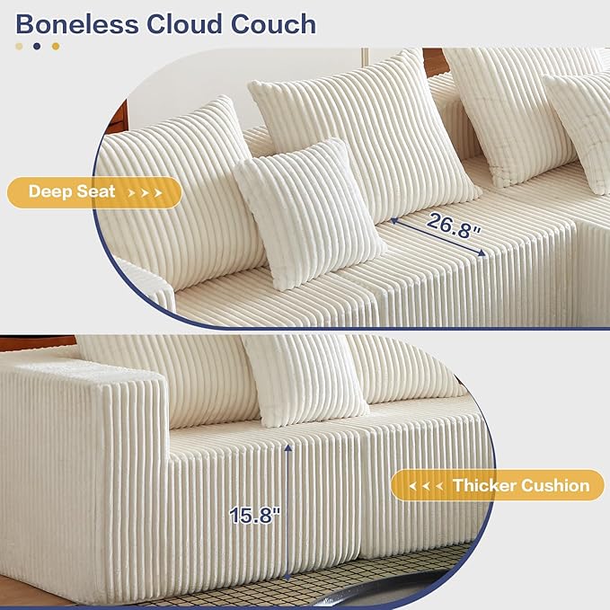 100.7 Inch Cloud Sectional Couch, Boneless Sofa for Living Room, Corduroy Modular Couch with L Shape Chaise, Modern Compressed Sofa in a Box, Memory Foam Filling (Beige)