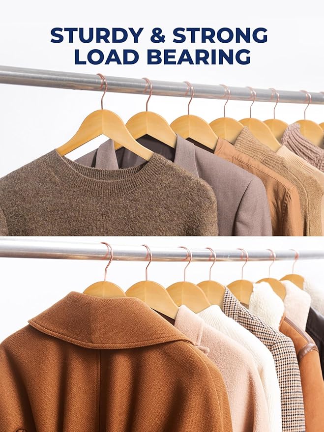 Smartor Wooden Hangers 10 Pack, Solid Wood Coat Hanger for Closet, Heavy Duty Wood Hangers for Suits, Shirts, Dresses, with 360° Rose Gold Hook, Non Slip Pant Bar, Natural