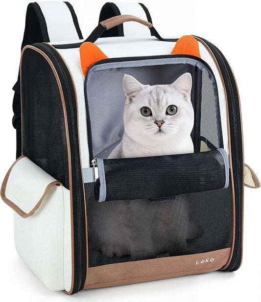 Lekereise Cat Backpack Carrier, Pet Carrier Backpack Airline Approved for Small Dogs Medium Cats Fit Up to 18 Lbs, Dogs Foldable Backpack Carrier for Travel, Hiking, Beige-Orange Ears