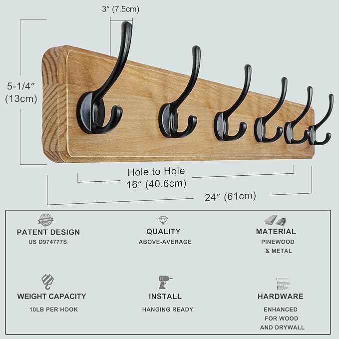 Dseap Coat Rack Wall Mount: 24" Long, Patented, Heavy-Duty, 6-Double-Hooks Wooden Hanger Hook Rail for Winter Coats Hat Jacket Clothing, Weathered Brown