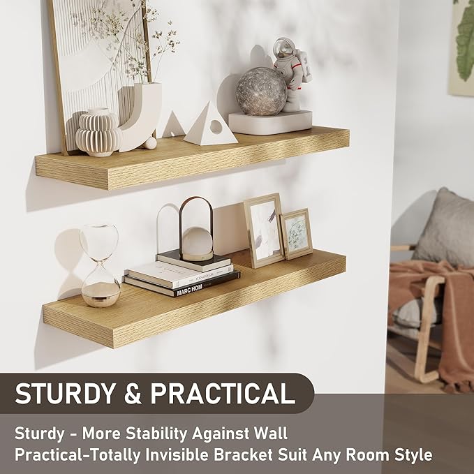 Fun Memories Floating Shelves for Wall, 32W x 8D Floating Wall Shelves with Invisible Brackets Set of 2, Hanging Rustic Wood Shelf Decoration for Bedroom, Bathroom, Living Room and Kitchen, Oak