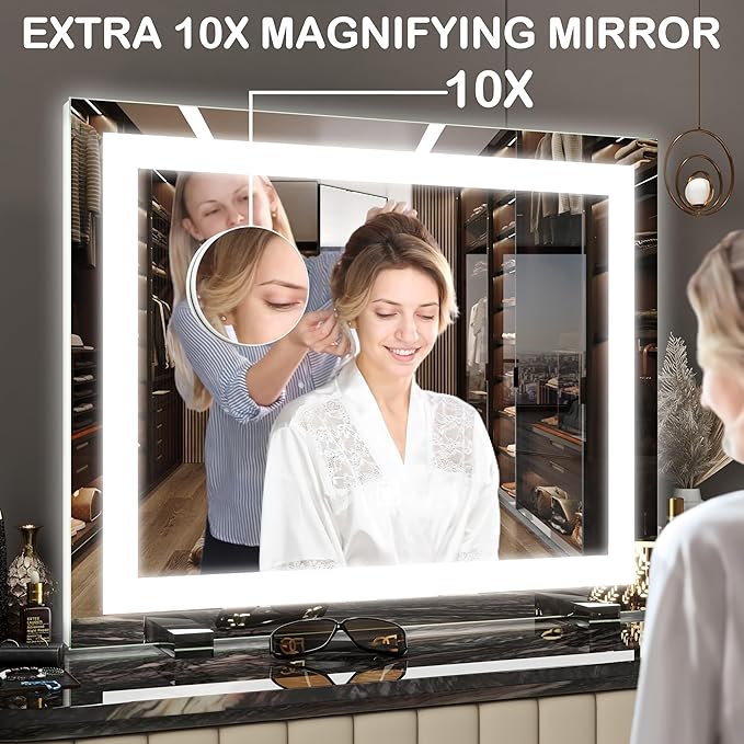FENNIO Vanity Mirror with Lights，20"x23" Lighted Makeup Mirror, Large Makeup Mirror with Lights, Touch Sensor with Dimmable 3 Modes， Square White