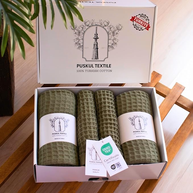 Püskül - Luxury Waffle Towel Set for Bathroom 4 Pieces Khakie Green, Premium Quality Organic 100% Turkish Cotton 2 Hand and 2 Bath Towels, Quick Dry Thin Waffle Towels, Made in Turkiye (Khaki Green)