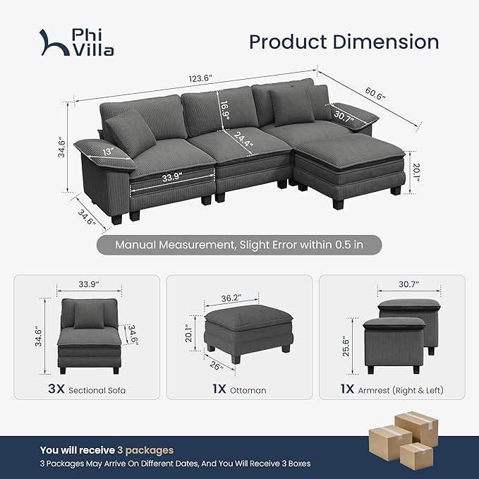 PHI VILLA Cloud Modular Couch Sets, 123.6" Sectional Sofa with L-Shaped Chaise, 4-Seater Upholstered Couches with Movable Ottoman for Living Room, Corduroy Fabric, Grey