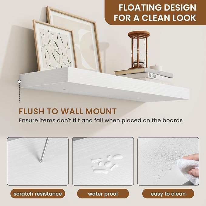 fuqing Floating Shelves for Wall, Wall Mounted Wood Floating Shelf with Invisible Brackets for Living Room, Bathroom, Bedroom, Kitchen Storage and Decor, 24 Inch Set of 2, White