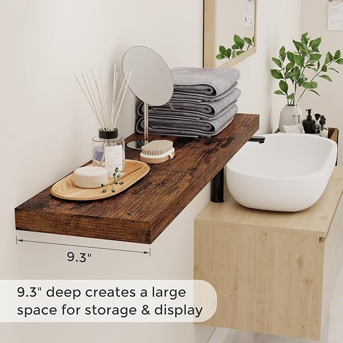 40 Inch Floating Shelves for Wall, 9.3 Inch Deep Shelves for Books & Decor, Wall-Mounted Floating Shelf 40 Inch Long Set of 2, Rustic Wooden Shelf for Living Room, Bedroom, Kitchen, Rustic Brown