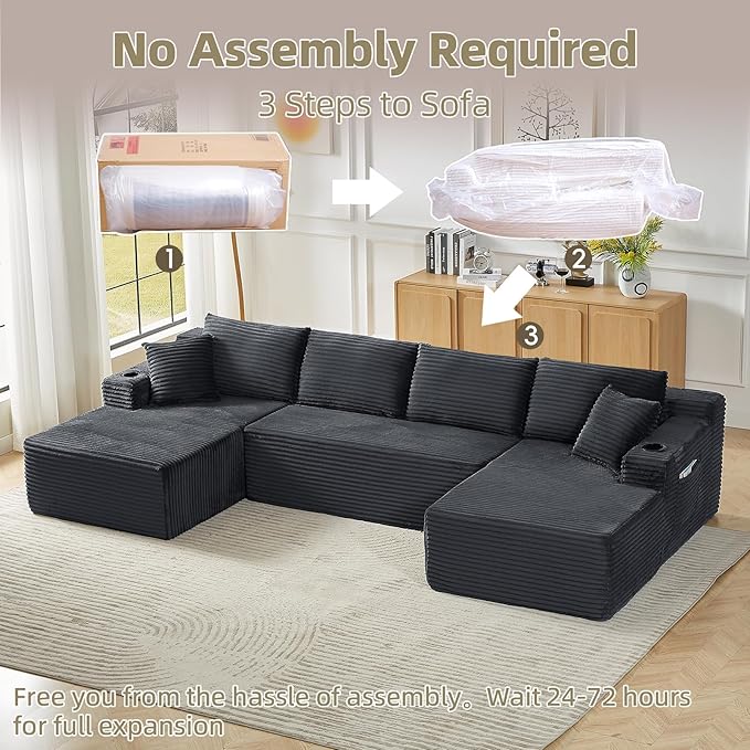 134 Inch Cloud Sectional Couch for Living Room,Corduroy Boneless Couches with Cup Holder,Modern Modular Sectional Sofa with Deep Seat,No Assembly Required (Dark Gray, U-Shaped Sofa)