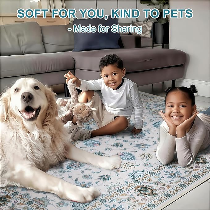 WILLSUN Washable Area Rugs, 6x9 Non-Slip Boho Large Area Rugs for Living Room, Bedroom, Machine Washable Vintage Rug, Indoor Floral Print Carpet for Home Decor, Kid & Pet Friendly Mat