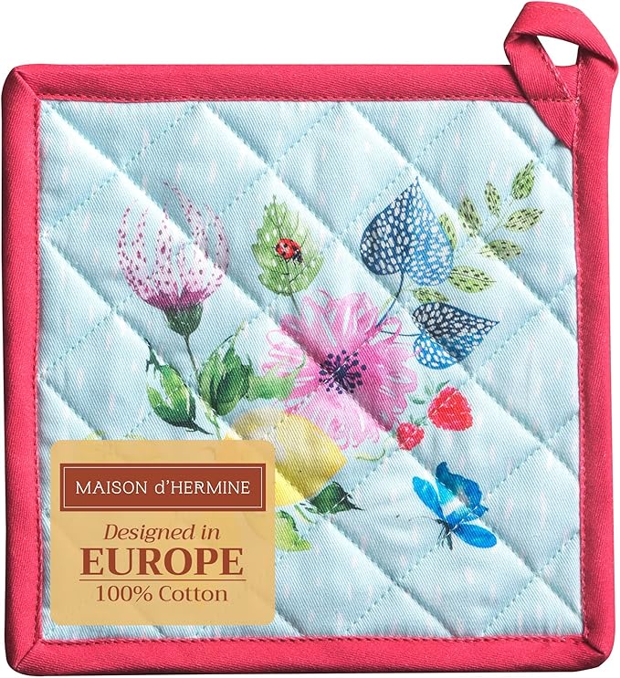 Maison d' Hermine Pot Holders 100% Cotton Heat Resistant Potholders 8" x 8" Hot Pads with Loop BBQ, Cooking, Baking, Grilling, Kitchen, Handling Hot Pans Spring/Summer (Pack of 1, Jardin D'Ete - Mint)