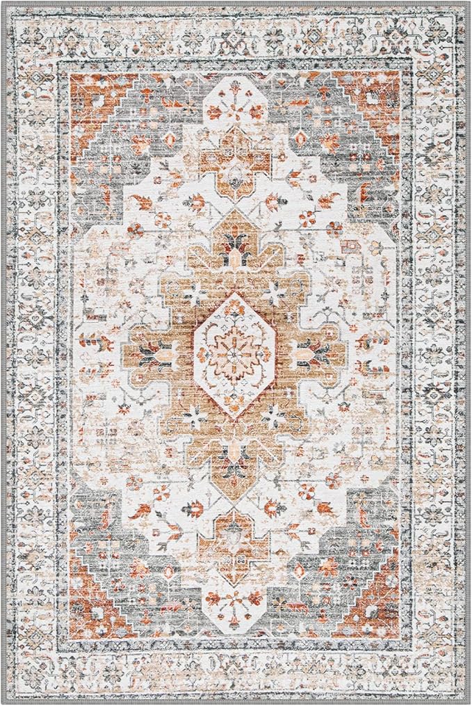 Moynesa Ultra-Thin Washable Entryway Rug 2x3 Rug, Small Kitchen Rugs for Entryway Indoor Non Slip, Vintage Throw Mat for Front Door Entrance Bathroom Laundry Room, Beige/Gold