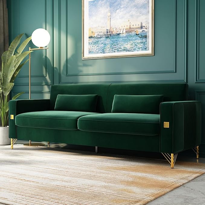 2PCS 85.63" Green Velvet Sofa,Modern Loveseat Couch with Pillows Set of 2 for Living Room,Bedroom,Apartment Furniture with Gold Metal Legs