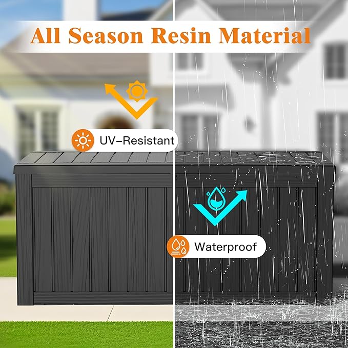 119 Gallon Outdoor Storage Box, Waterproof Deck Box with Handles and Lockable Lid, Resin Patio Storage Box with Hydraulic Rods for Garden Tools, Cushions, Black