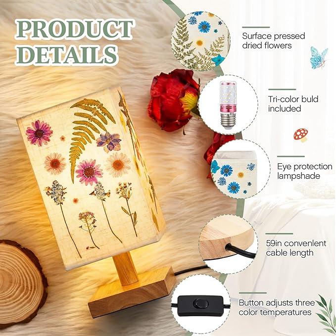 Hortsun Pressed Flower Lamp Vintage Table Small Lamp Cottagecore Decor Boho Night Light Decorative Rustic Night Light for Bedroom, Living Room or Office, Christmas Gift for Women(Square Style)