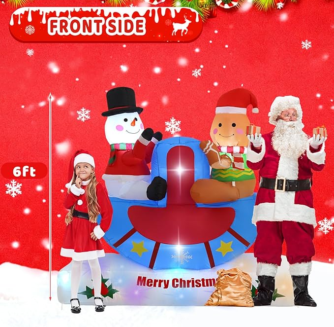 6FT Seesaw Snowman and Pancake Man, Built-in LED Lights and Colorful Rotating Lights, Suitable for Christmas Lawns, Gardens, Courtyards Outdoor Inflatable Decorations