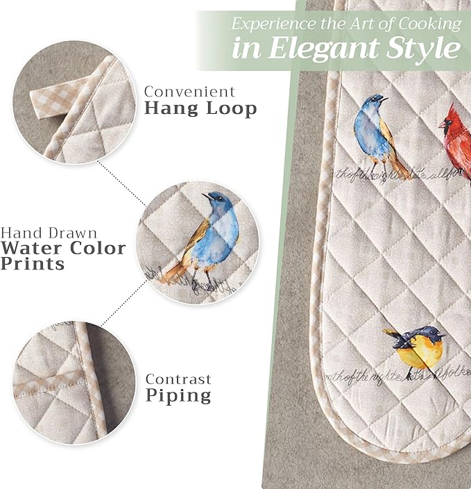 Maison d' Hermine Double Oven Mitts 100% Cotton 7"x35" Double Oven Mitt Heat Resistant BBQ Cooking Gloves with Loop, Baking, Grilling, Home, Kitchen, Handling Hot Pans Spring Summer (Birdies On Wire)