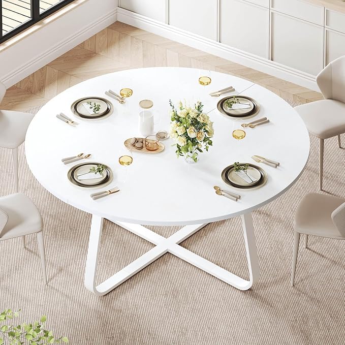 LVB Modern Round Dining Table, Wood Metal Kitchen Tables,Industrial Large Dinner Room Tables for 6 to 8, Circle Dining Room Table for Home Kitchen Living Room,White Oak,60 Inch