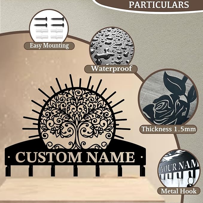 Life Tree Key Hook - Customized Metal Wall Organizer with Name Engraving, Black Iron Home Decor for Themed Collectors (Style D)