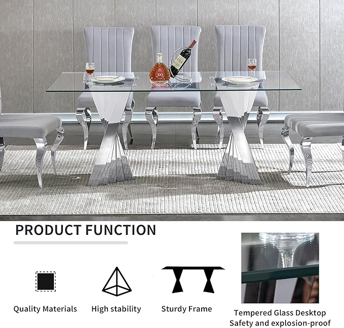 Goujxcy 70" Modern Glass Dining Table for 6-8, Luxury Silver Glass Dining Room Table with Mirrored Flash-Shape Stainless Steel Base, Rectangle Kitchen Dinner Tables for Dining Room Kitchen