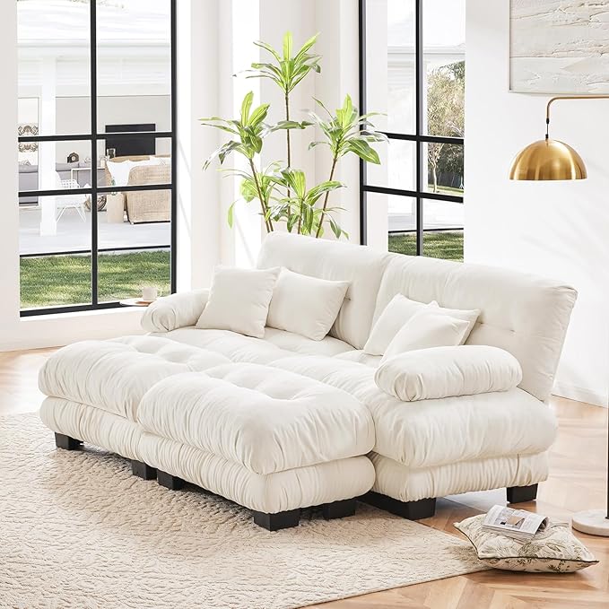 94.4" Loveseat Sofa, 2 Seater Modular Sectional Sofa, White Large Sectional Couches, Fluffy Chenille Cloud Couch with Ottoman, Deep Seat for Living Room, U Shaped
