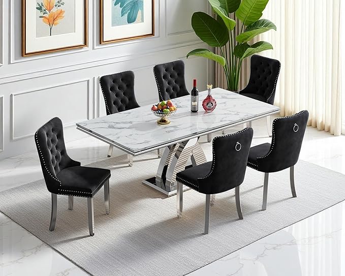 Goujxcy 68" Faux Marble Dining Table Set for 6, 7-Piece Dining Set with White Silver Kitchen Table and 6 Velvet Tufted Chairs, Modern Rectangular Dining Room Table with X-Shape Stainless Steel Base