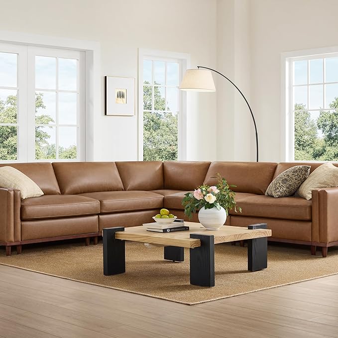 CHITA 114" Super Large Luxury V Shape Corner Sectional Modular Sofa, Down Filled Modern Sofa, Deep Seat Comfty Cloud Couch, 5 Seat Couch with Chaise, Solid Wood Leg, Faux Leather in Camel