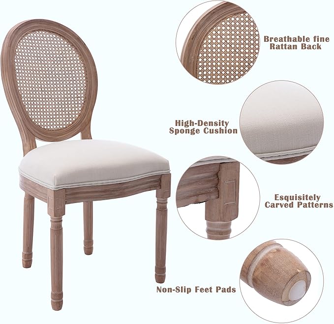 Nrizc French Country Dining Chairs Set of 4, Farmhouse Fabric Chairs with Round Back, Rattan Dining Chair, Oval Side Chairs for Dining Room/Living Room/Kitchen/Restaurant