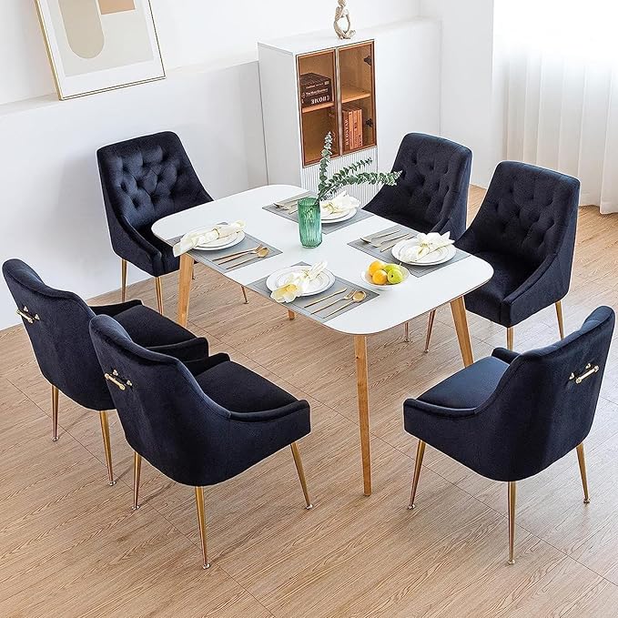 Modern Dining Chair Set of 6, Mid-Century Room Chair, Upholstered Comfortable Velvet with Back Pull Rod and Metal Legs for Kitchen, Dining, Living (Black), (DYXSD)