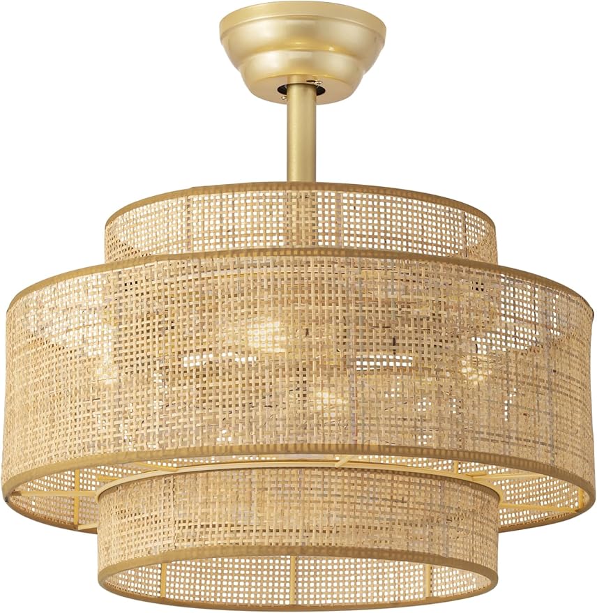 Boho Fandelier Ceiling Fan with Light Rattan Chandelier Fan Remote Gold Caged Ceiling Fan with Light for Bedroom, Living Room Nursery Foyer Kitchen（6 Speed, Timing Adjustable Height）