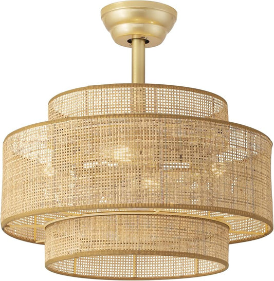 Boho Fandelier Ceiling Fan with Light Rattan Chandelier Fan Remote Gold Caged Ceiling Fan with Light for Bedroom, Living Room Nursery Foyer Kitchen（6 Speed, Timing Adjustable Height）