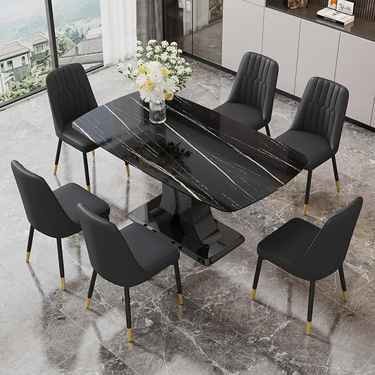 Modern Dining Table Set for 6, Marble Kitchen Table Chair Set for 6, Rectangular Kitchen Table with 6 Pu Leather Upholstered Chair for Dining Room (Black Table with 6 Black Chairs)