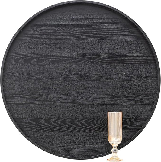 24 inch Round Solid Wood Serving Tray Extra Large Tea Coffee Snack Food Meals Serving Plate Non-Slip Kitchen Party Bar Server Ottoman Tray Breakfast Tray with Raised Edges Black