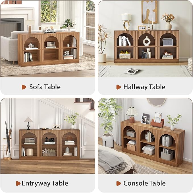 Console Table Set of 2, Extra Long 126" Arched Entryway Table with 3-Tier Open Storage, Rectangular Wooden Sofa Table for Living Room, Hallway, Behind Couch (2, Walnut)