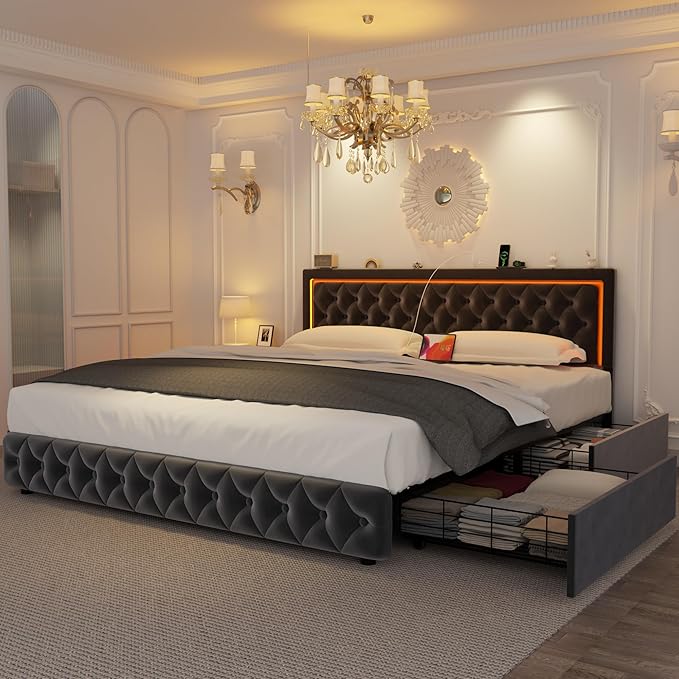Queen Bed Frame with 4 Storage Drawers, Velvet Upholstered Bed Frame Queen Size with Charging Station and LED Lights, 46" Adjustable Button Tufted Headboard, No Box Spring Needed, Grey