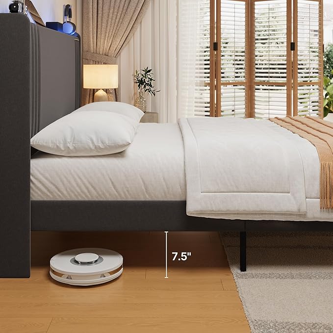 Gizoon Queen Bed Frame with Charging Station and LED Lights,Upholstered Wingback Platform Bed with Wooden Slats,Noise-Free,No Box Spring Needed
