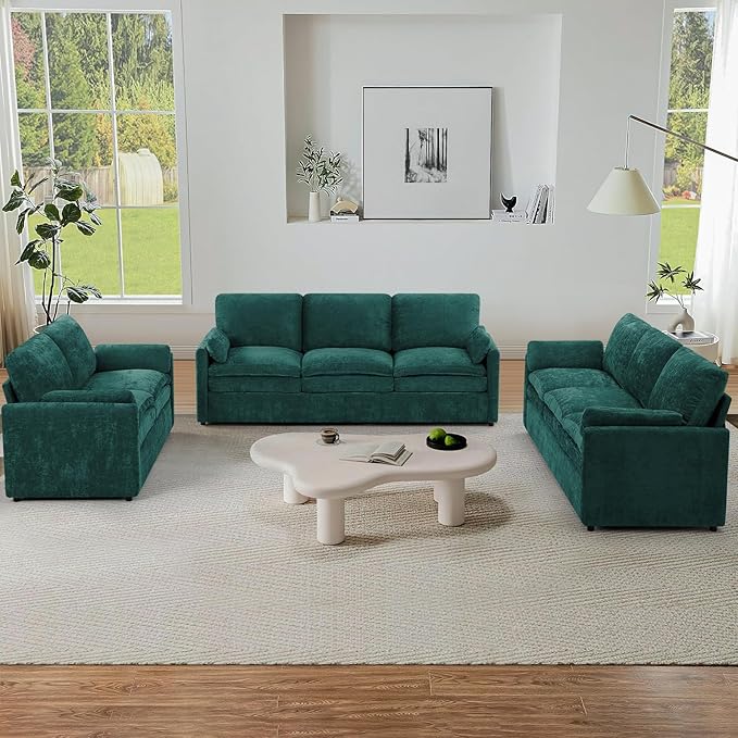 3 Pieces Chenille Sofa Set w/Arm Pillows, Upholstered Loveseat & 2 Pieces 3 Seater Sofa w/Comfortable Back Cushions, Modern 2-Seat & 3-Seat w/High-Density Foam for Living Room, Teal