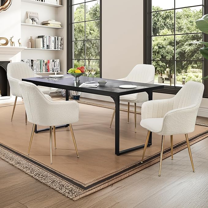 ECOTOUGE Teddy Velvet Dining Chairs Set of 4, Modern Arm Chair with Golden Metal Legs, Fluffy Boucle Sherpa Accent Chairs for Kitchen, Cream White