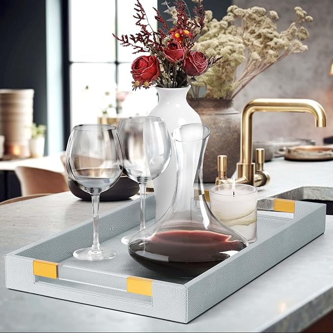 2 Pack Large Ottoman Tray Shagreen Decorative Tray Serving Tray with Acrylic Gold Handles, Ice Blue Vegan Leather Coffee Table Tray for All Occations Home Decor