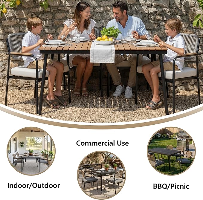 Outdoor Dining Chairs Set of 4, Wicker Patio Dining Chairs with Removable Cushions, Rectangle Patio Table Chair, All Weather Outdoor Chairs, Metal Lawn Chair for Adults/Indoor/Deck, Beige