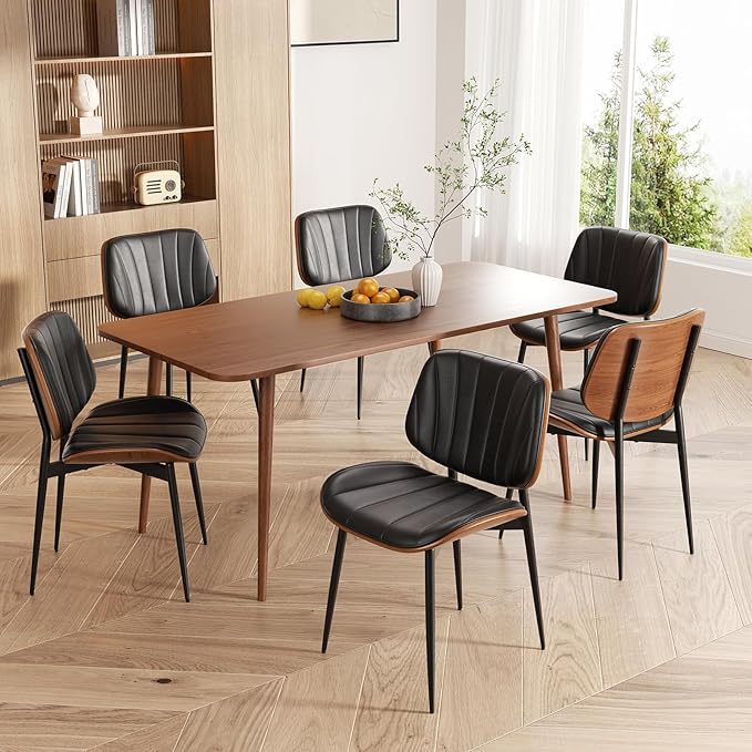 Dining Chairs Set of 2, Mid Century Modern Dining Room Chair, Upholstered Faux Leather Kitchen Chairs with Walnut Bentwood Back and Metal Legs for Kitchen Dining Room Living Room, Black