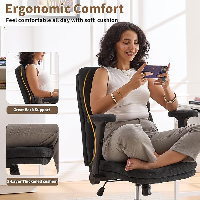 Office Chair Adjustable Desk Chair Mid Back Comfortable Linen Ergonomic Back Support Home Computer Chair with Padded 2D Flip-up Armrest Swivel Wheels (Navy Blue)