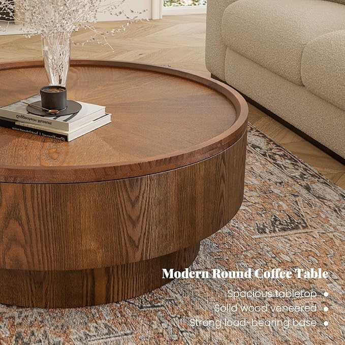 Round Wood Coffee Table with Storage, 30.7" Modern Circle Coffee Table with Removable Lid, Rustic Drum Center Table Handcraft Accent Table for Living Room Small Space Apartment Office (Brown)
