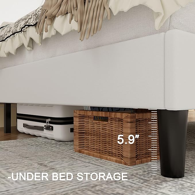 VECELO Queen Bed Frame with Upholstered Wingback Headboard, Heavy-Duty Platform Bedframe with Charging Station, Wooden Slats, No Box Spring Needed, White