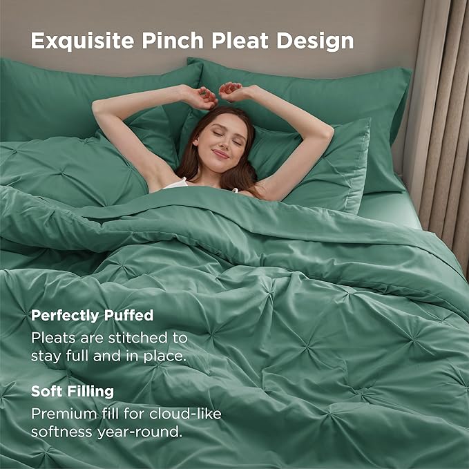Bedsure Twin Comforter Set Graysih Green - Bed in a Bag Twin Size Bedding 5 Pieces, GentleSoft™ Pintuck Bed Set Gift for Family, Pinch Pleat Graysih Green Comforter with Sheets, Pillowcase & Sham