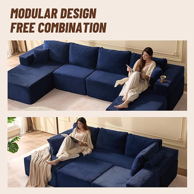 138" Boneless Couch with Deep Seat, Modular Sectional Sofa, Cloud Sectional Couch for Living Room, No Assembly Required, Corduroy, U-Shape 4 Seater Left, Blue