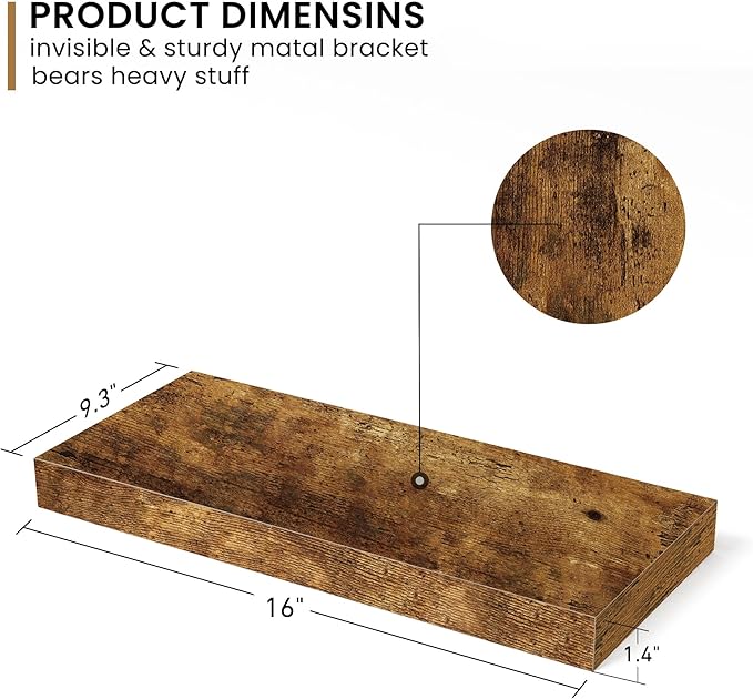 Deep Floating Shelves - 16" W x 9.3" D x 1.6" H Rustic Brown Wall Shelf - Wall Mounted Shelves for Decor & Storage - Wooden Shelves with Invisible Brackets for Living Room, Kitchen - Set of 2